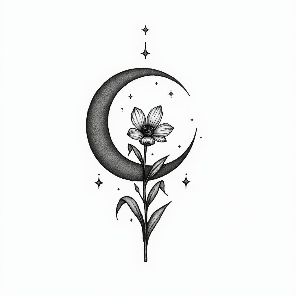 Moon and flowersin minimalist style tattoo, featuring simple shapes and fine lines, with minimal shading and details, tiny triangles, creating a sense of balance and harmony - Variation 7
