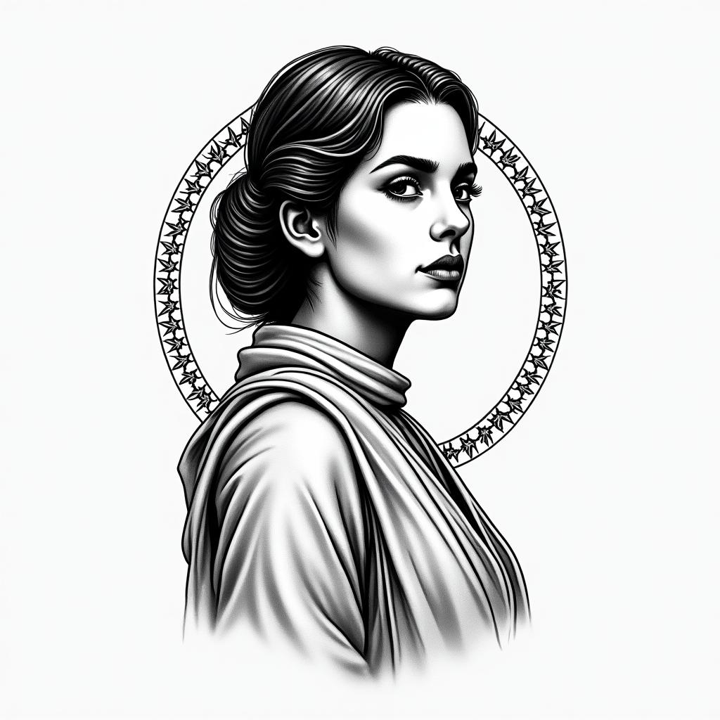 rebel alliance symbol 
stars
death star
princess leia
stylized
cleanin authentic tattoo style, incorporating traditional modifications, bold black outlines, solid color fills, featuring classic authentic elements - Variation 2