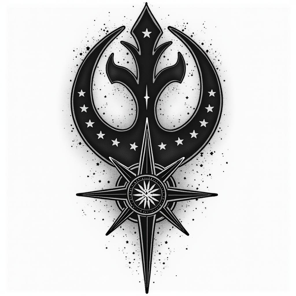 rebel alliance symbol 
stars
death star
princess leia
stylized
cleanin authentic tattoo style, incorporating traditional modifications, bold black outlines, solid color fills, featuring classic authentic elements