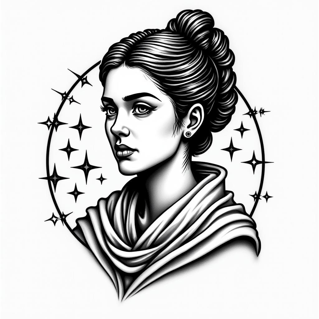 rebel alliance symbol 
stars
death star
princess leia
stylized
cleanin authentic tattoo style, incorporating traditional modifications, bold black outlines, solid color fills, featuring classic authentic elements - Variation 3