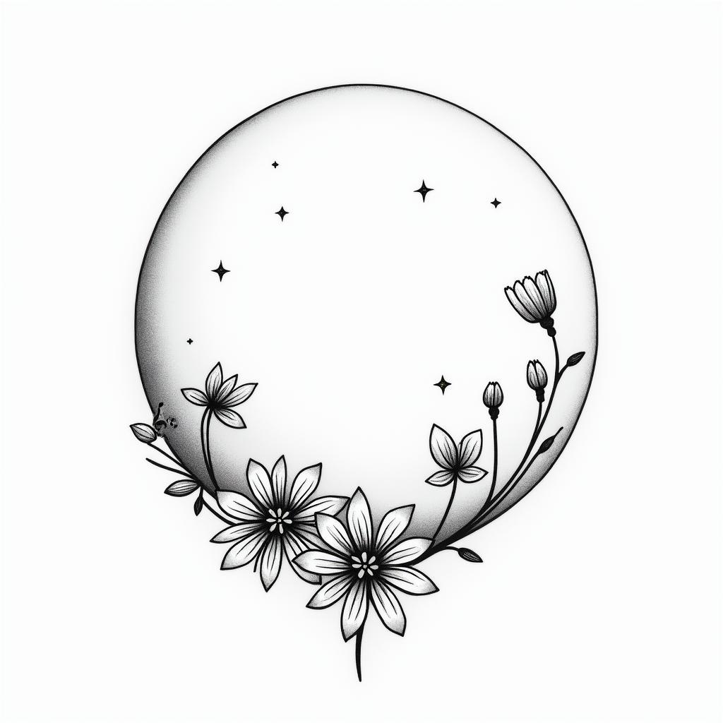 Moon and flowersin minimalist style tattoo, featuring simple shapes and fine lines, with minimal shading and details, tiny triangles, creating a sense of balance and harmony - Variation 3