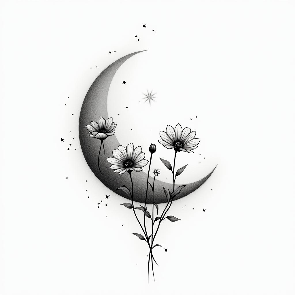 Moon and flowersin minimalist style tattoo, featuring simple shapes and fine lines, with minimal shading and details, tiny triangles, creating a sense of balance and harmony - Variation 4