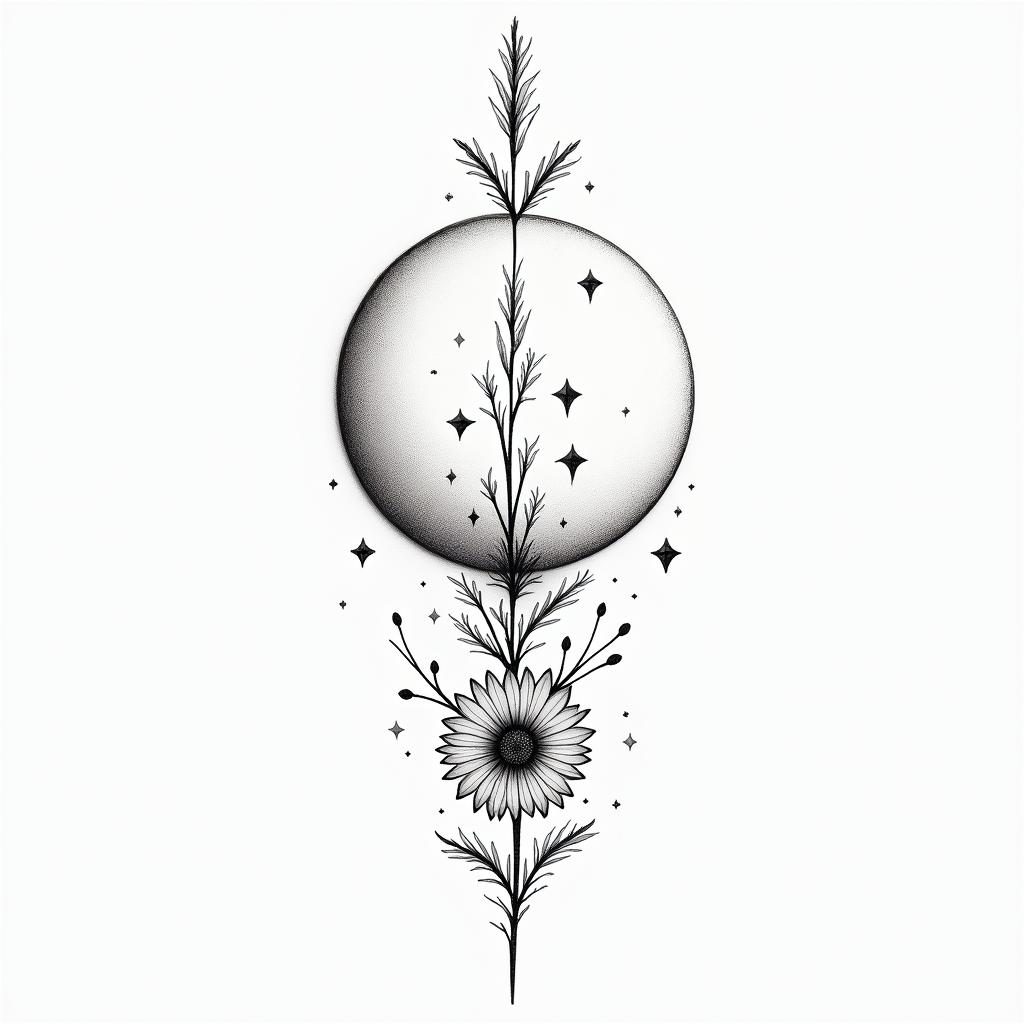 Moon and flowersin minimalist style tattoo, featuring simple shapes and fine lines, with minimal shading and details, tiny triangles, creating a sense of balance and harmony - Variation 2