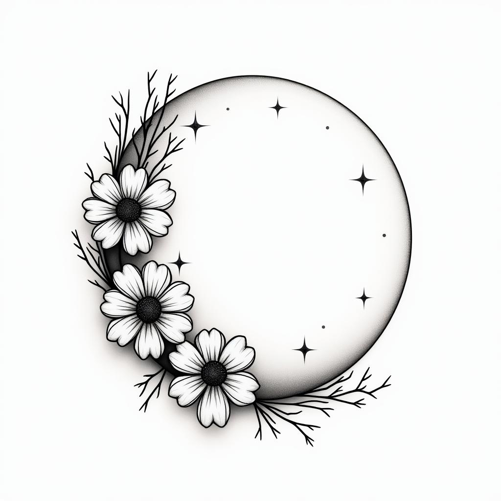 Moon and flowersin minimalist style tattoo, featuring simple shapes and fine lines, with minimal shading and details, tiny triangles, creating a sense of balance and harmony