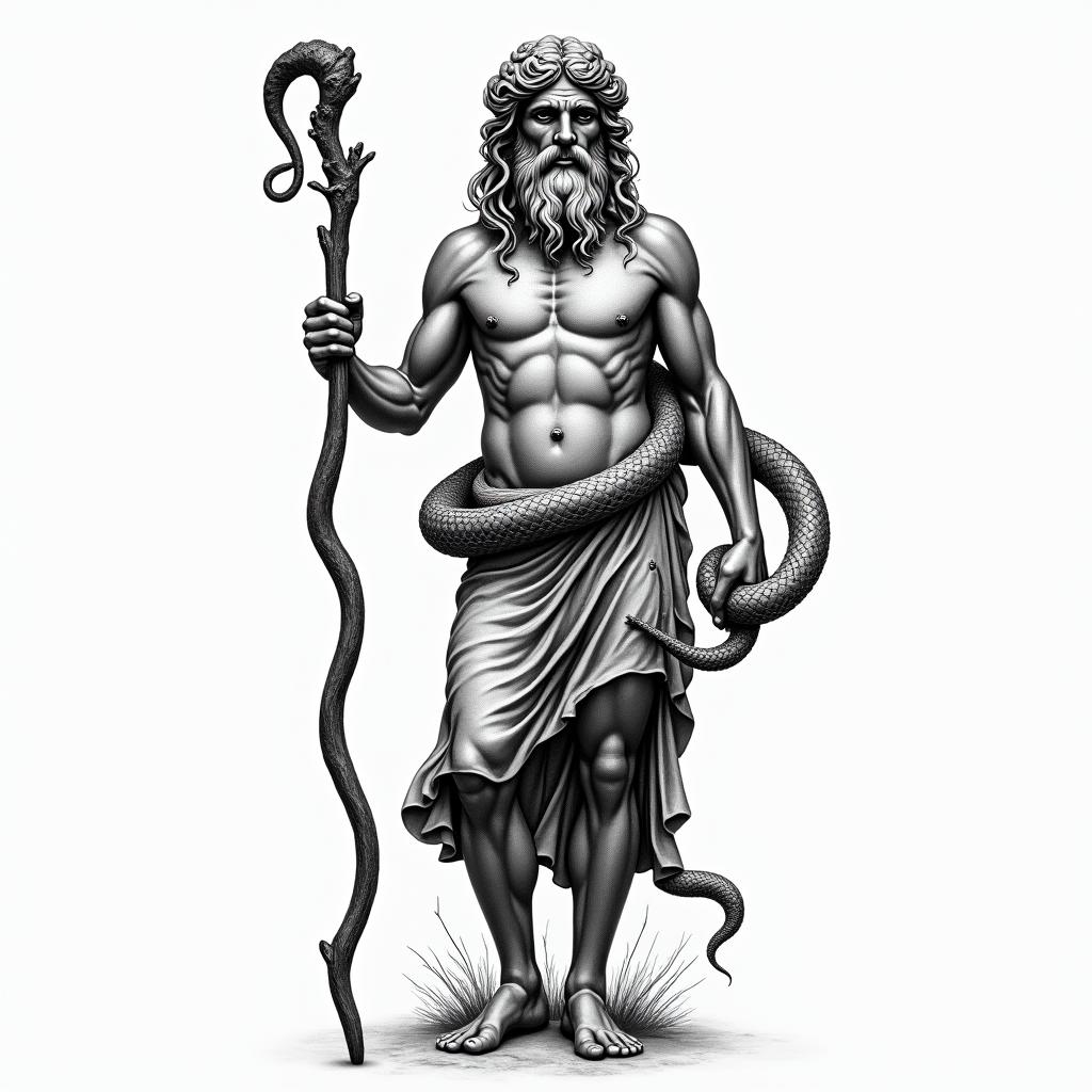Asclepius holding rod 
Greek mythology. Make sure to add snake around rodin bohemian style tattoo, 8k - Variation 2
