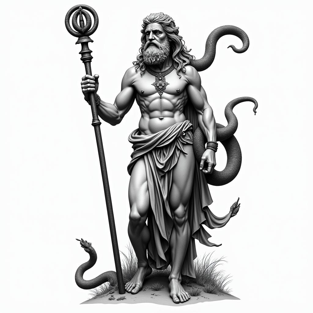 Asclepius holding rod 
Greek mythology. Make sure to add snake around rodin bohemian style tattoo, 8k - Variation 3