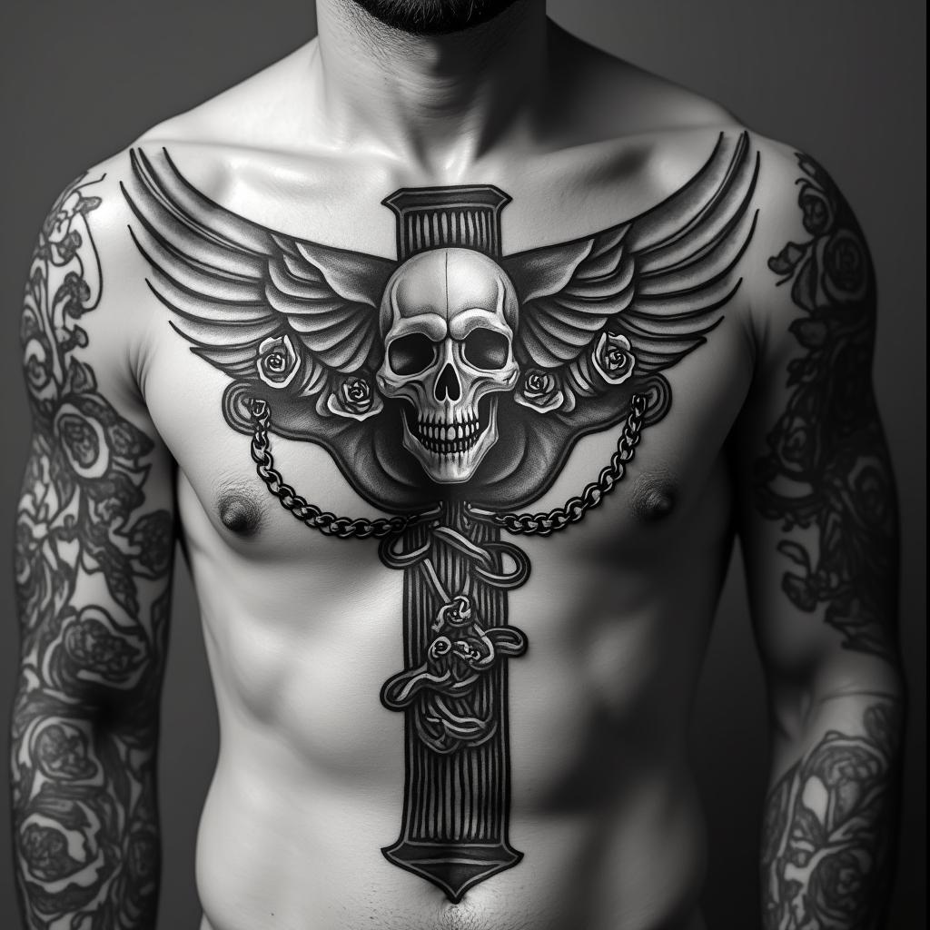 NMRin chicano style tattoo, featuring intricate black and grey shading, bold elements of traditional chicano culture symbols, add a big cross with skull, chains and roses