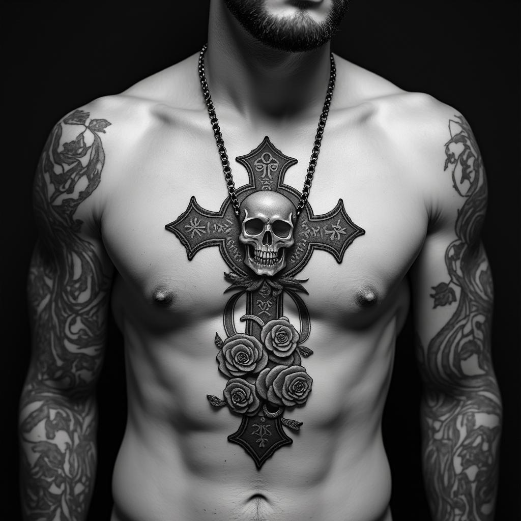 NMRin chicano style tattoo, featuring intricate black and grey shading, bold elements of traditional chicano culture symbols, add a big cross with skull, chains and roses - Variation 2