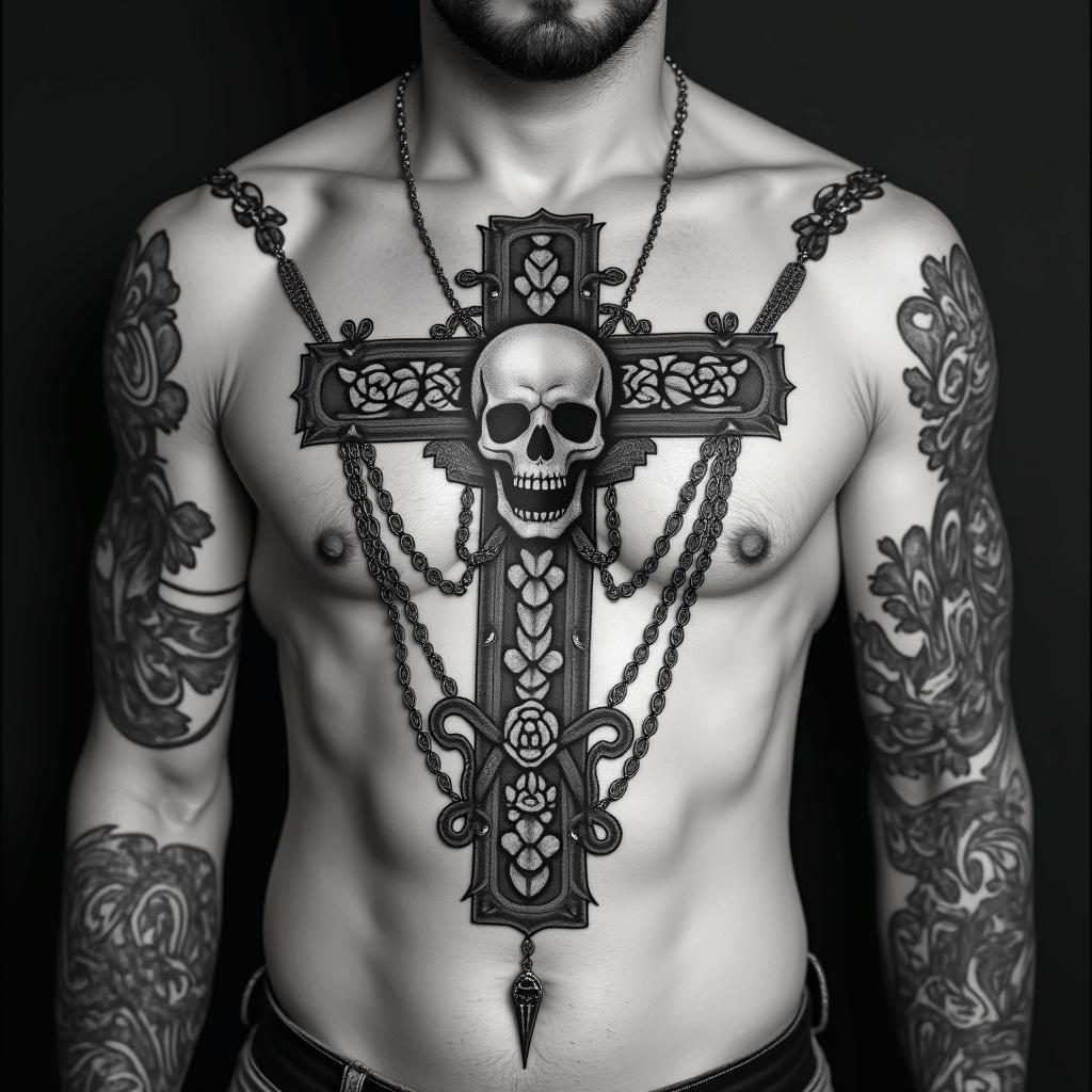 NMRin chicano style tattoo, featuring intricate black and grey shading, bold elements of traditional chicano culture symbols, add a big cross with skull, chains and roses - Variation 3