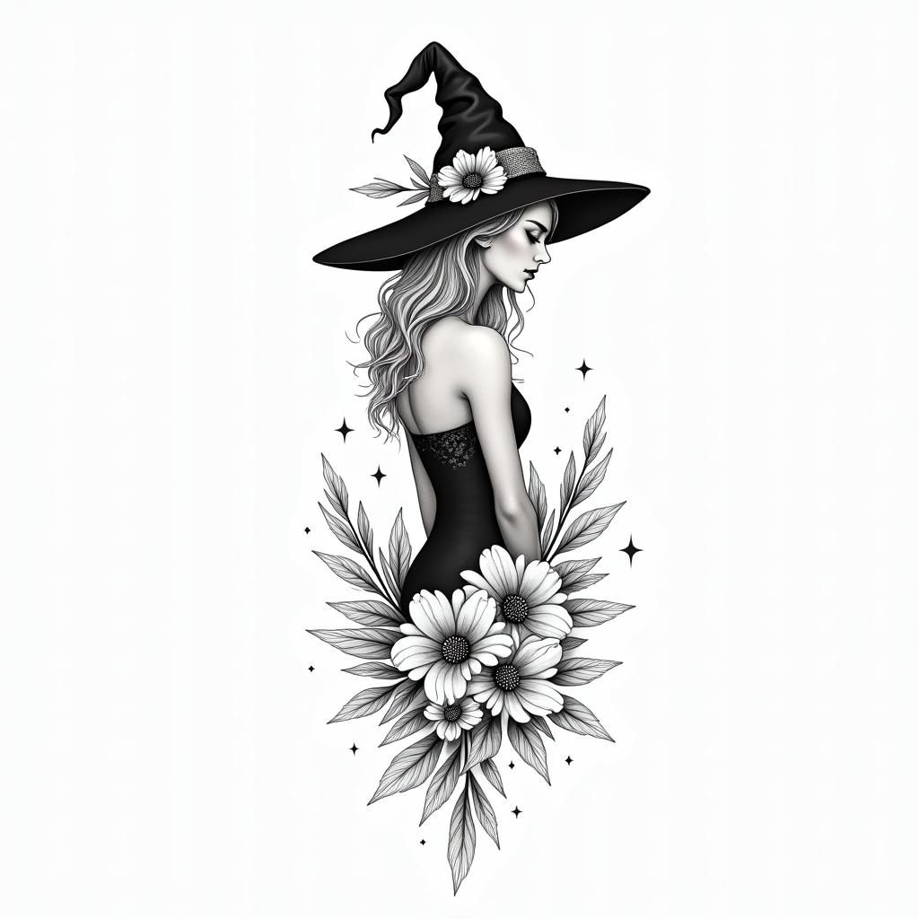 Witchy, floral, feminine, New York City, fine linein minimalist style tattoo, featuring simple shapes and fine lines, with minimal shading and details, tiny triangles, creating a sense of balance and harmony - Variation 3