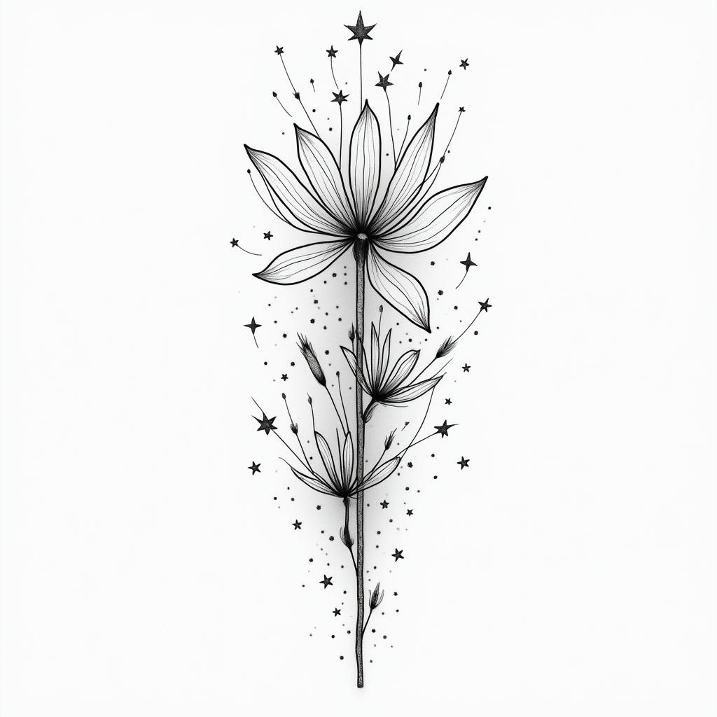 Witchy, floral, feminine, New York City, fine linein minimalist style tattoo, featuring simple shapes and fine lines, with minimal shading and details, tiny triangles, creating a sense of balance and harmony - Variation 2