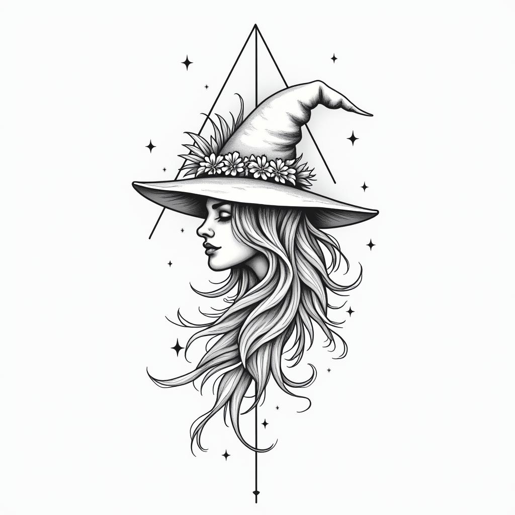 Witchy, floral, feminine, New York City, fine linein minimalist style tattoo, featuring simple shapes and fine lines, with minimal shading and details, tiny triangles, creating a sense of balance and harmony - Variation 4