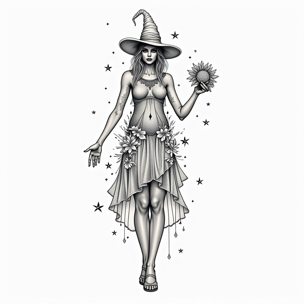 Witchy, floral, feminine, New York City, fine linein minimalist style tattoo, featuring simple shapes and fine lines, with minimal shading and details, tiny triangles, creating a sense of balance and harmony