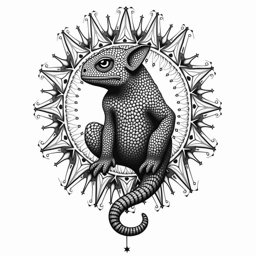 Mandala chameleon surrounds by stars and triangleshigly detailed tattoo - Variation 2