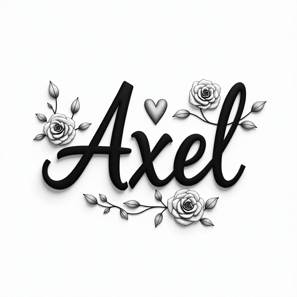 Axelin elegant cursive calligraphy style 2d tattoo, decorate with roses, featuring a smooth and flowing handwritten script with slightly thickened strokes for a luxurious and bold appearance,  heart symbol between names,  sleek and glossy black text with shadowing, minimalist matte white background, clean and sharp edges, illuminated with soft lighting, romantic, 8k, high-quality textures with refined typography - Variation 4