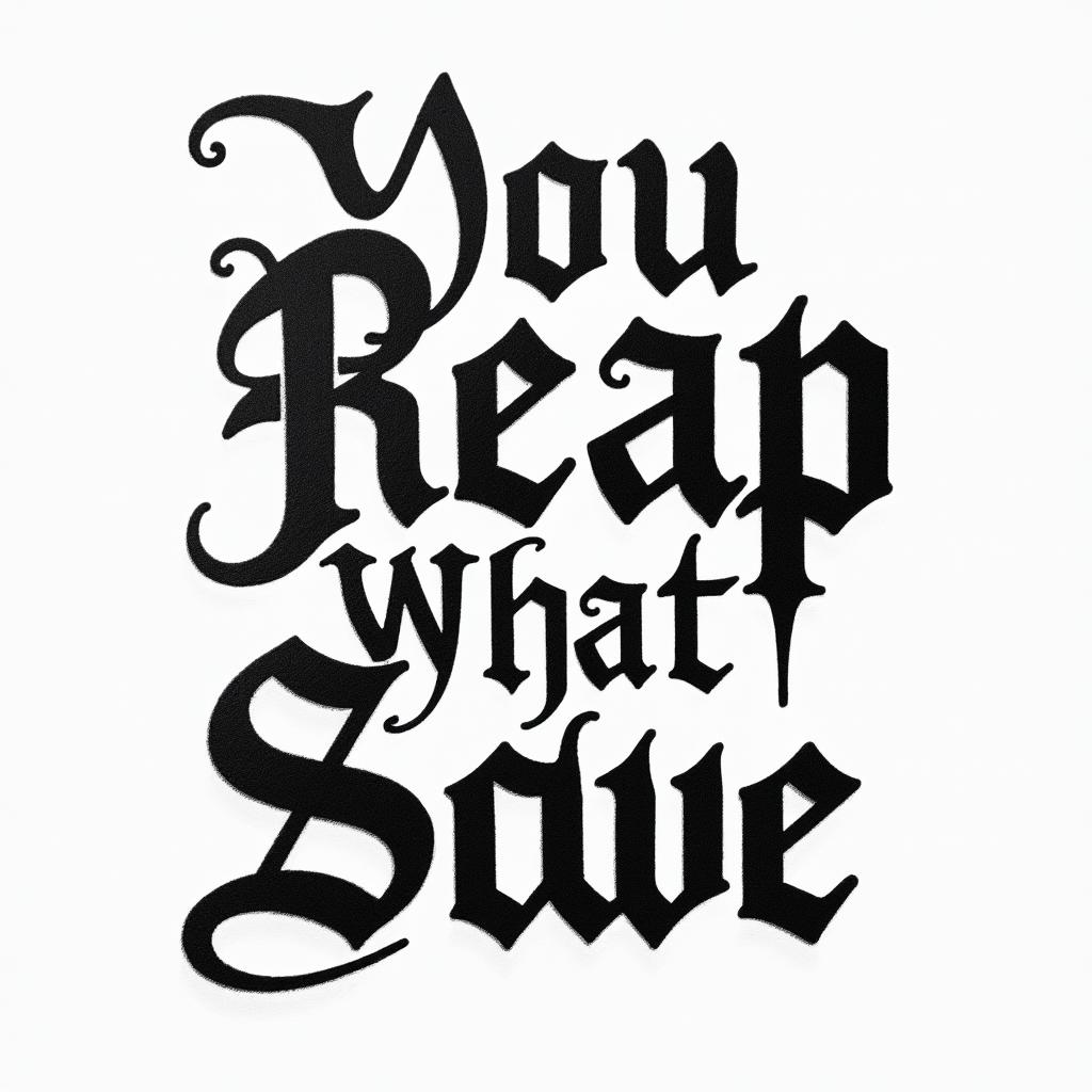You Reap What You Sowetext-based tattoo, gothic font ultra-realistic, perfectly placed, high-quality font design, photo-realistic shading, 8k, high quality, finely detailed typography - Variation 4