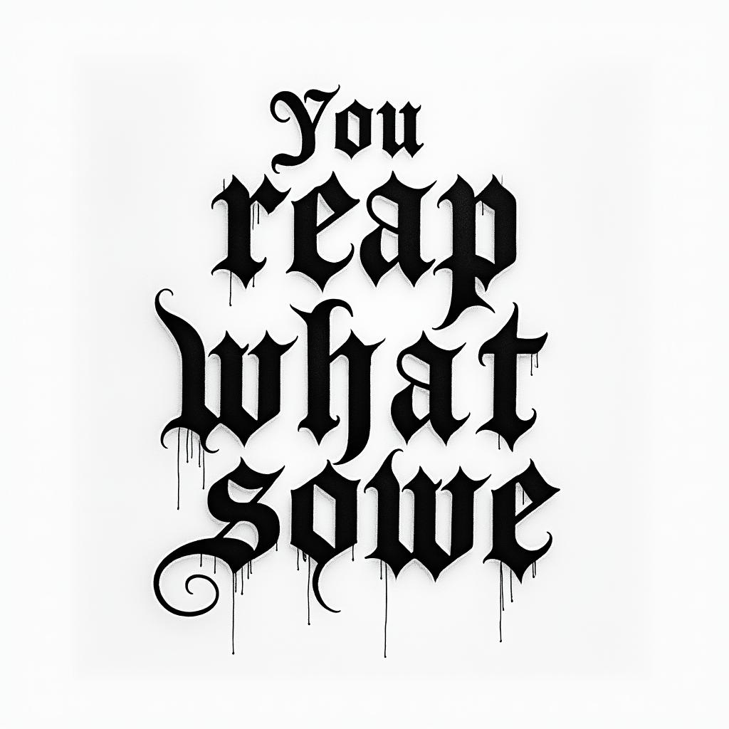 You Reap What You Sowetext-based tattoo, gothic font ultra-realistic, perfectly placed, high-quality font design, photo-realistic shading, 8k, high quality, finely detailed typography