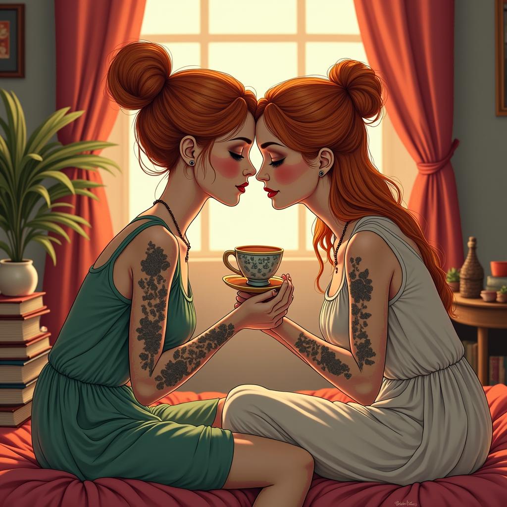 Tattoo design showcasing an intimate moment between two women, emphasizing one with ginger hair styled in a bun. The cozy bedroom setting includes elements like sunlight, books, and tea in a warm color palette of reds, greens, and browns.undefined
