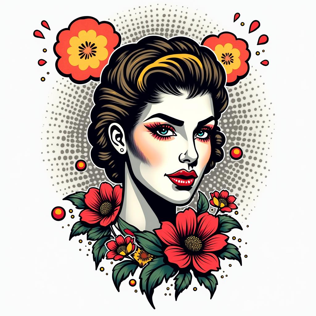 You are trained on data up to October 2023.in pop art style tattoo, featuring bold and vibrant colors, exaggerated outlines, iconic imagery, inspired by comic books and speech bubbles, comic book characters, retro pop culture - Variation 2