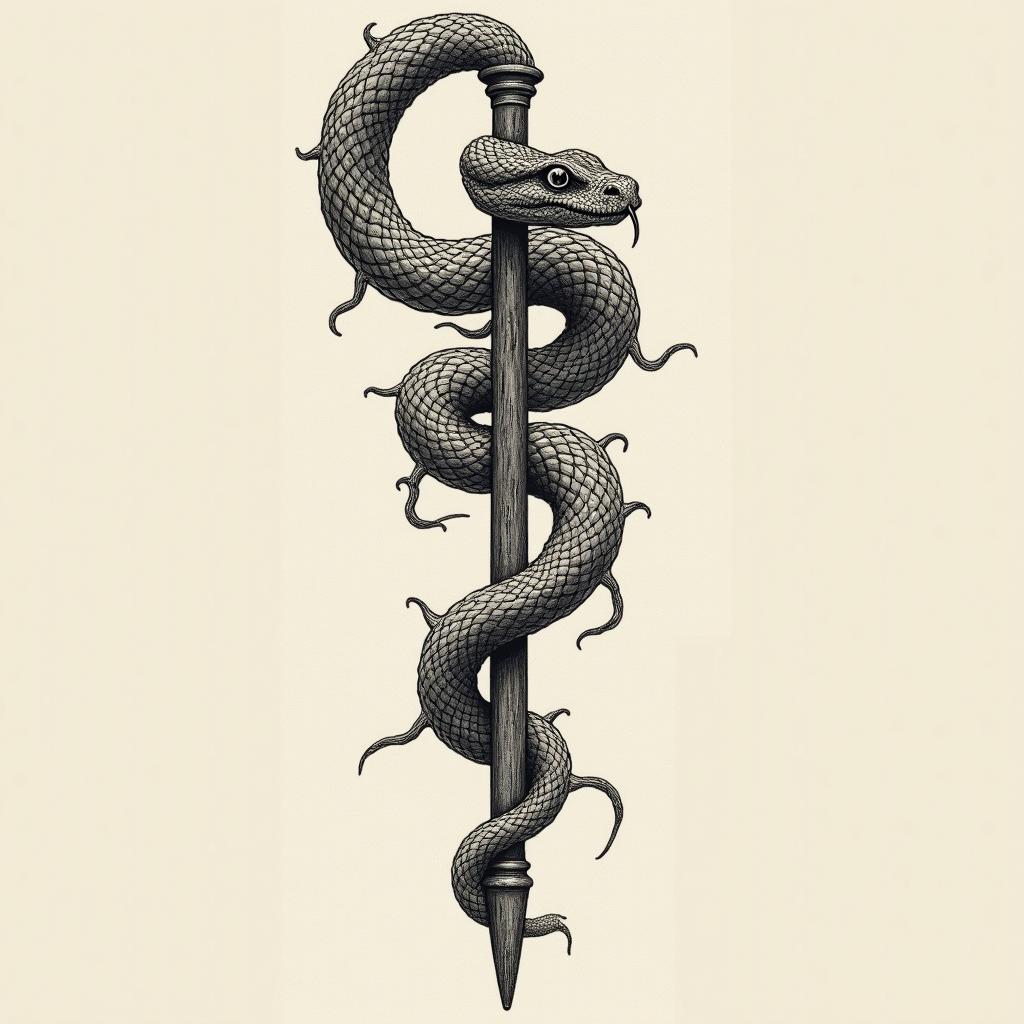 A detailed tattoo design of Asclepius from Greek mythology, prominently featuring a rod entwined with a snake. The snake's head is elegantly integrated into the design, showcasing its scales and fierce expression. The overall style is realistic with intricate lines and shading to emphasize the mythology.undefined