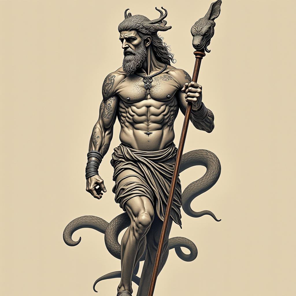 An artistic representation of Asclepius wielding a rod, adorned with a snake wrapped around it, including the snake's head. The tattoo design is inspired by Greek mythology, with elements of ancient art incorporated for a classic touch.undefined