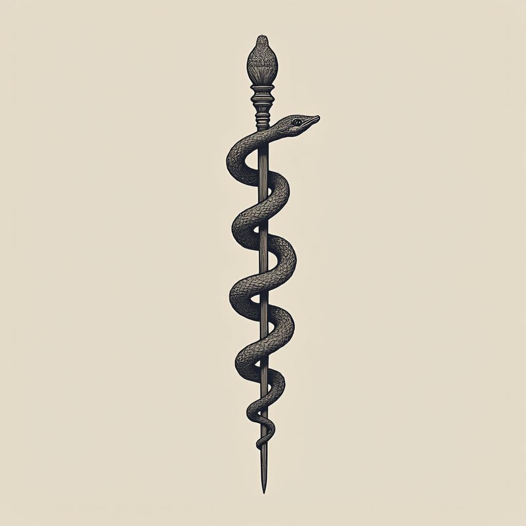 A minimalistic tattoo design featuring Asclepius with a rod and a snake coiled around it, highlighting the snake's head. The design has clean lines and a symbolic representation of health and healing in Greek mythology.undefined