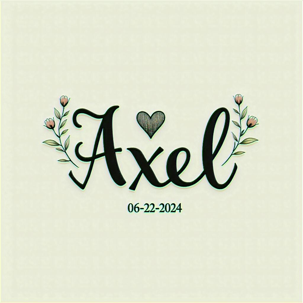 Axel 06-22-2024in elegant cursive calligraphy style 2d tattoo, decorate with roses, featuring a smooth and flowing handwritten script with slightly thickened strokes for a luxurious and bold appearance,  heart symbol between names,  sleek and glossy black text with shadowing, minimalist matte white background, clean and sharp edges, illuminated with soft lighting, romantic, 8k, high-quality textures with refined typography - Variation 4
