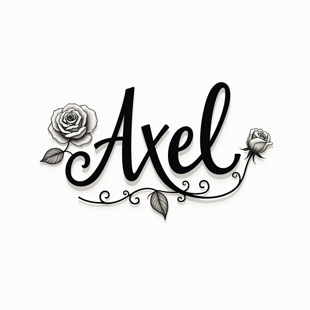 Axel 06-22-2024in elegant cursive calligraphy style 2d tattoo, decorate with roses, featuring a smooth and flowing handwritten script with slightly thickened strokes for a luxurious and bold appearance,  heart symbol between names,  sleek and glossy black text with shadowing, minimalist matte white background, clean and sharp edges, illuminated with soft lighting, romantic, 8k, high-quality textures with refined typography - Variation 2