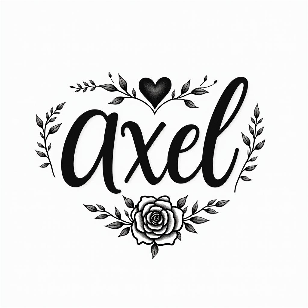 Axel 06-22-2024in elegant cursive calligraphy style 2d tattoo, decorate with roses, featuring a smooth and flowing handwritten script with slightly thickened strokes for a luxurious and bold appearance,  heart symbol between names,  sleek and glossy black text with shadowing, minimalist matte white background, clean and sharp edges, illuminated with soft lighting, romantic, 8k, high-quality textures with refined typography - Variation 3