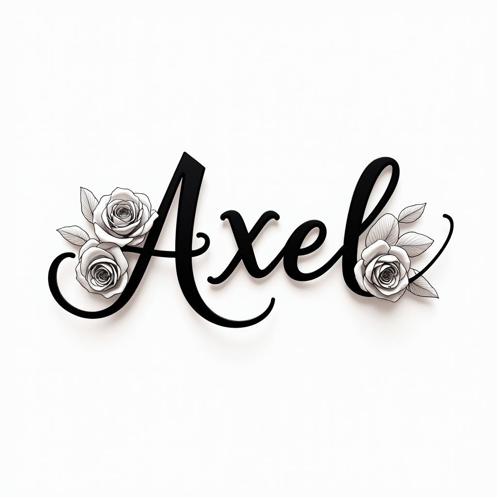 Axel 06-22-2024in elegant cursive calligraphy style 2d tattoo, decorate with roses, featuring a smooth and flowing handwritten script with slightly thickened strokes for a luxurious and bold appearance, heart symbol between names, sleek and glossy black text with shadowing, minimalist matte white background, clean and sharp edges, illuminated with soft lighting, romantic, 8k, high-quality textures with refined typography