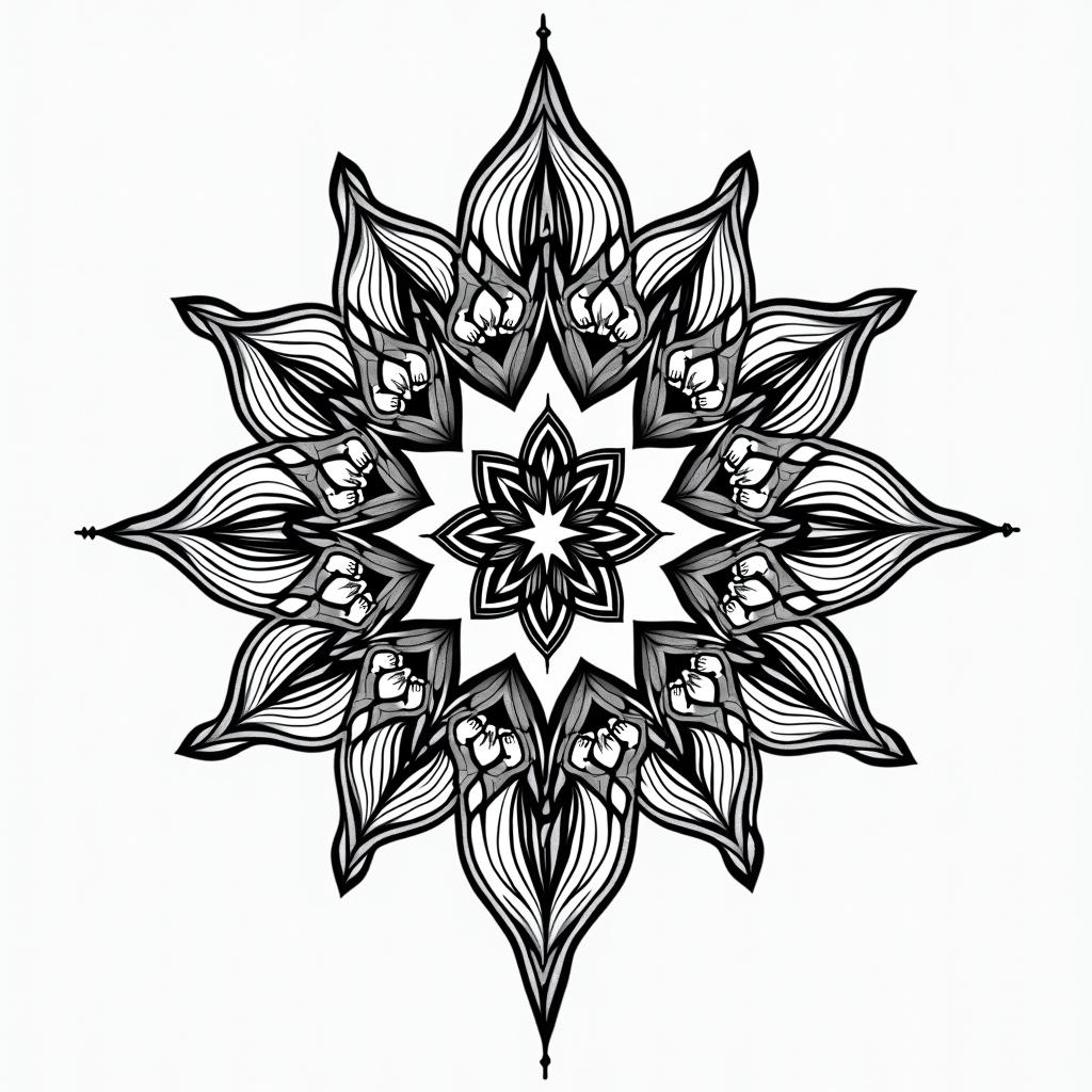 You are trained on data up to October 2023.in dotwork style tattoo, complex mandala patterns, interlocking geometric shapes with sharp symmetry, clean lines, sharp angles - Variation 4