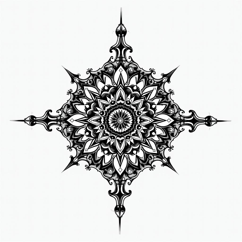 You are trained on data up to October 2023.in dotwork style tattoo, complex mandala patterns, interlocking geometric shapes with sharp symmetry, clean lines, sharp angles - Variation 2