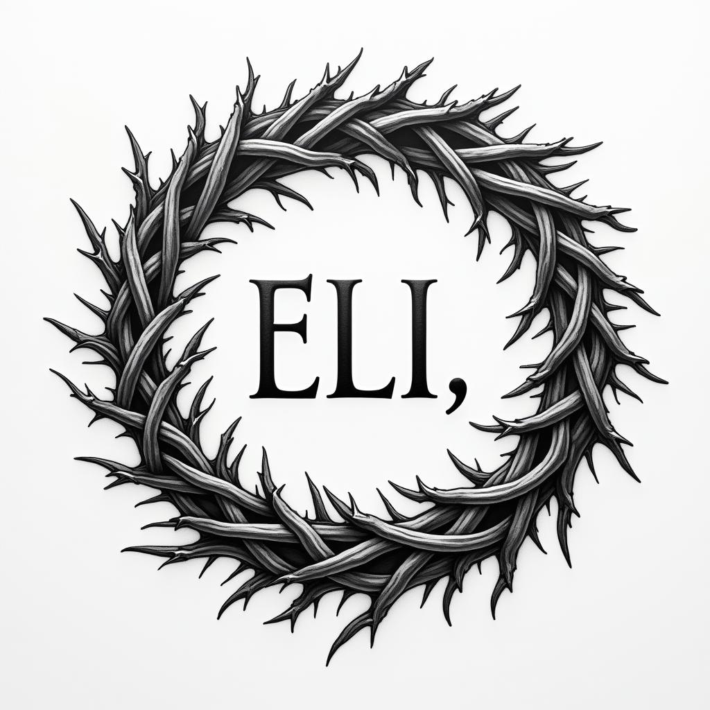 A tattoo design featuring the crown of thorns artistically intertwined around the Aramaic quote "Eli, Eli, lama sabacthani," symbolizing faith and a call to God in times of hardship. The crown of thorns should be depicted with intricate details, enhancing the connection to the meaning of the quote, with a classic font style for the text, creating a cohesive and meaningful composition.higly detailed tattoo - Variation 3