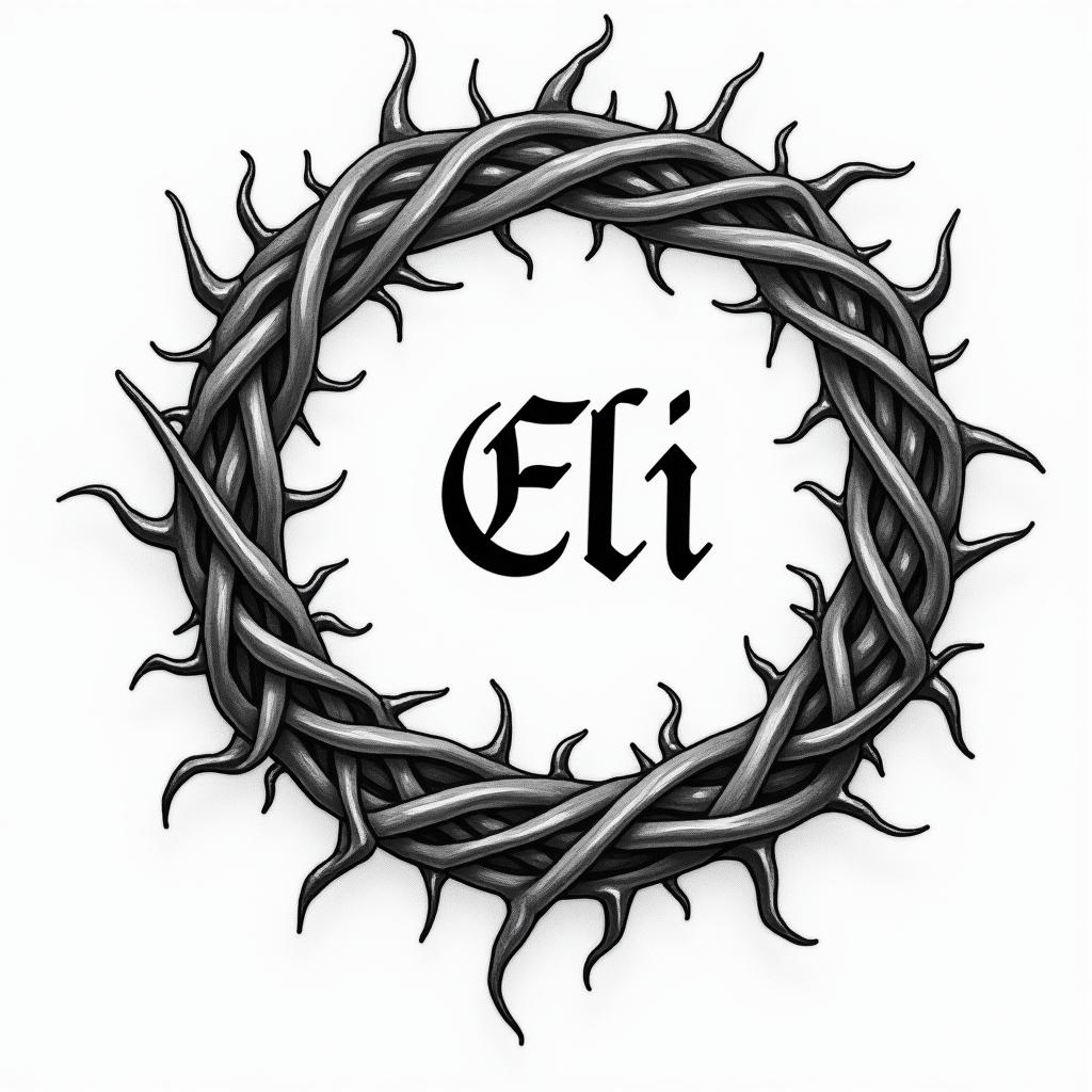 A tattoo design featuring the crown of thorns artistically intertwined around the Aramaic quote "Eli, Eli, lama sabacthani," symbolizing faith and a call to God in times of hardship. The crown of thorns should be depicted with intricate details, enhancing the connection to the meaning of the quote, with a classic font style for the text, creating a cohesive and meaningful composition.higly detailed tattoo - Variation 4
