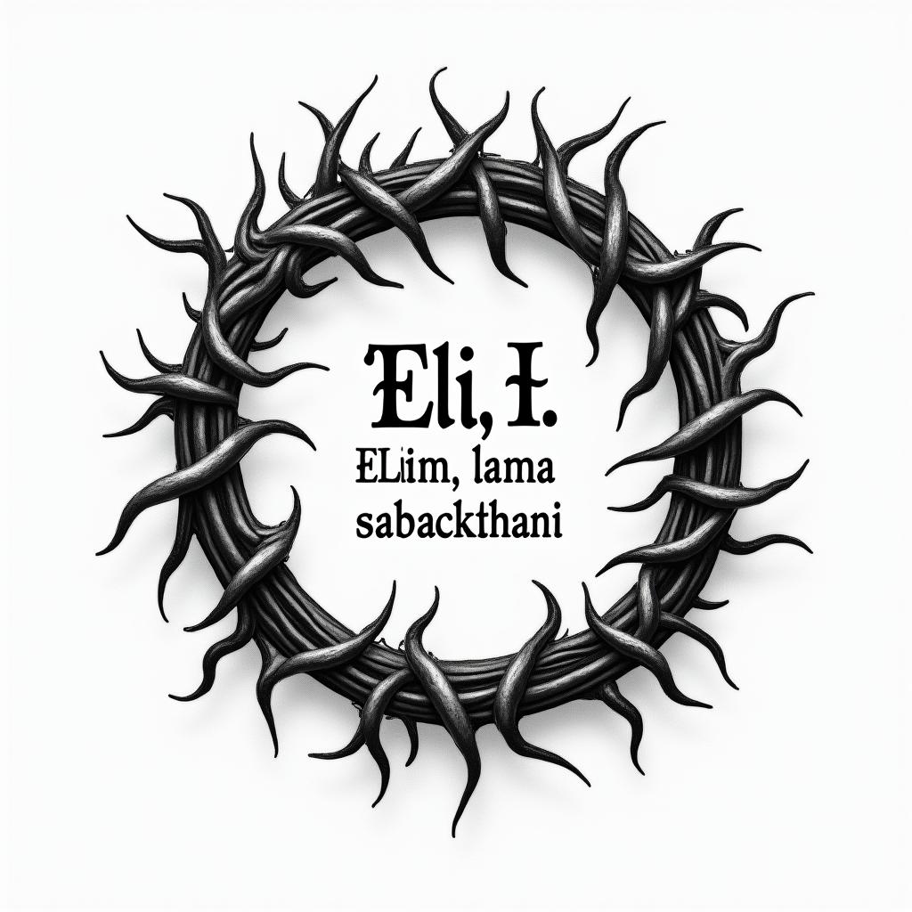A tattoo design featuring the crown of thorns artistically intertwined around the Aramaic quote "Eli, Eli, lama sabacthani," symbolizing faith and a call to God in times of hardship. The crown of thorns should be depicted with intricate details, enhancing the connection to the meaning of the quote, with a classic font style for the text, creating a cohesive and meaningful composition.higly detailed tattoo - Variation 2