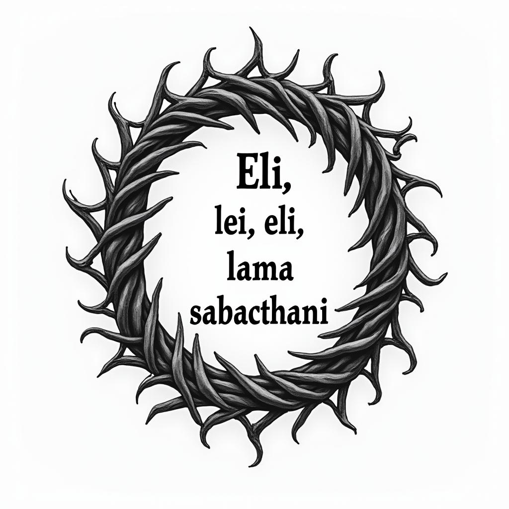 A tattoo design featuring the crown of thorns artistically intertwined around the Aramaic quote "Eli, Eli, lama sabacthani," symbolizing faith and a call to God in times of hardship. The crown of thorns should be depicted with intricate details, enhancing the connection to the meaning of the quote, with a classic font style for the text, creating a cohesive and meaningful composition.higly detailed tattoo - Variation 1
