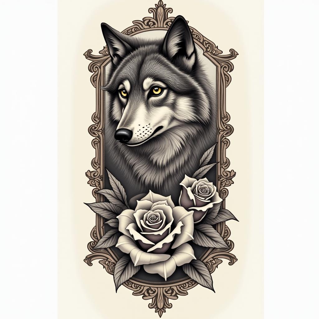 Tattoo WOLF for armin victorian style tattoo, featuring vintage and elegant elements, ornate frames, roses, antique, sepia-toned color scheme