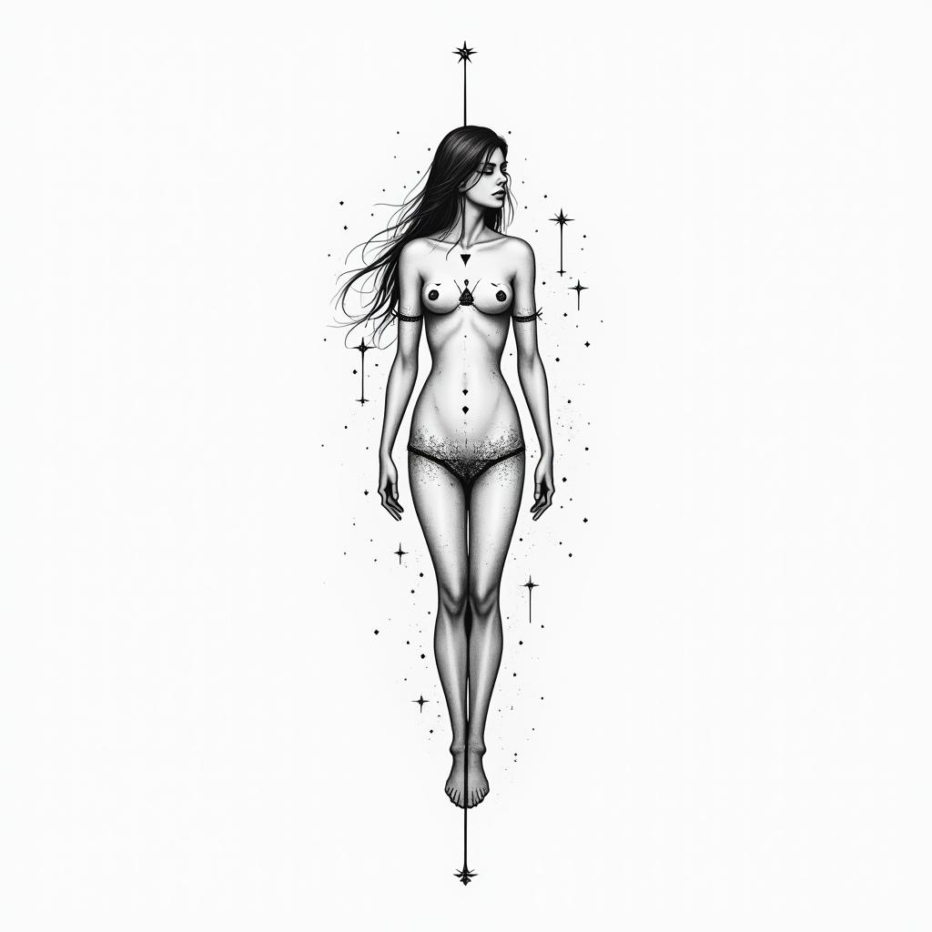 Feminine, celestial, witchy,in minimalist style tattoo, featuring simple shapes and fine lines, with minimal shading and details, tiny triangles, creating a sense of balance and harmony - Variation 2