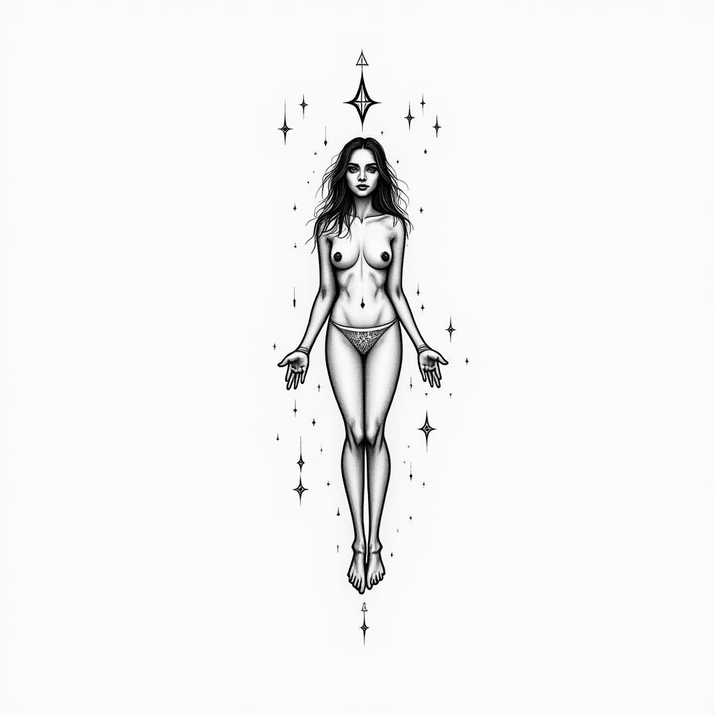 Feminine, celestial, witchy,in minimalist style tattoo, featuring simple shapes and fine lines, with minimal shading and details, tiny triangles, creating a sense of balance and harmony