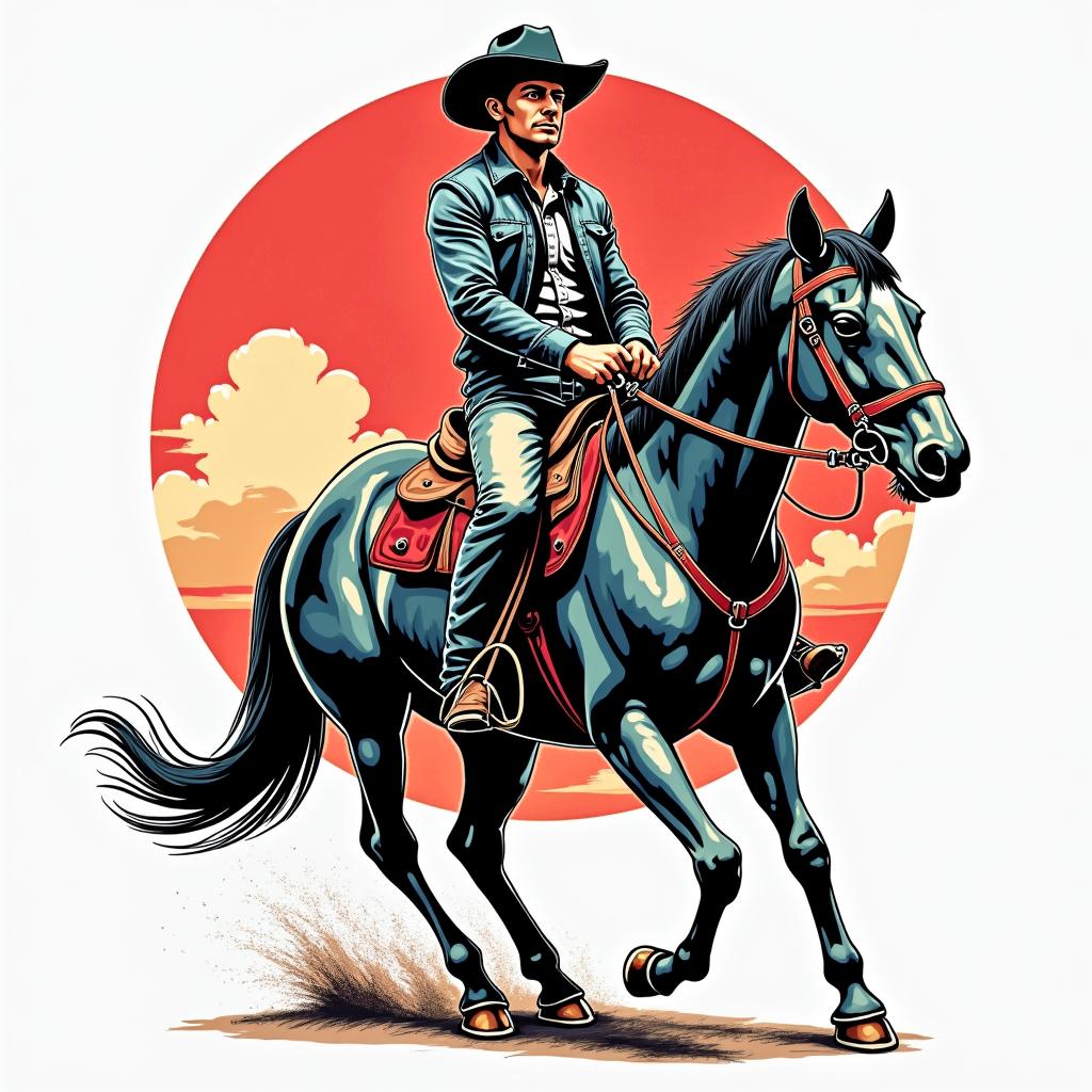 Western ridingin pop art style tattoo, featuring bold and vibrant colors, exaggerated outlines, iconic imagery, inspired by comic books and speech bubbles, comic book characters, retro pop culture - Variation 2