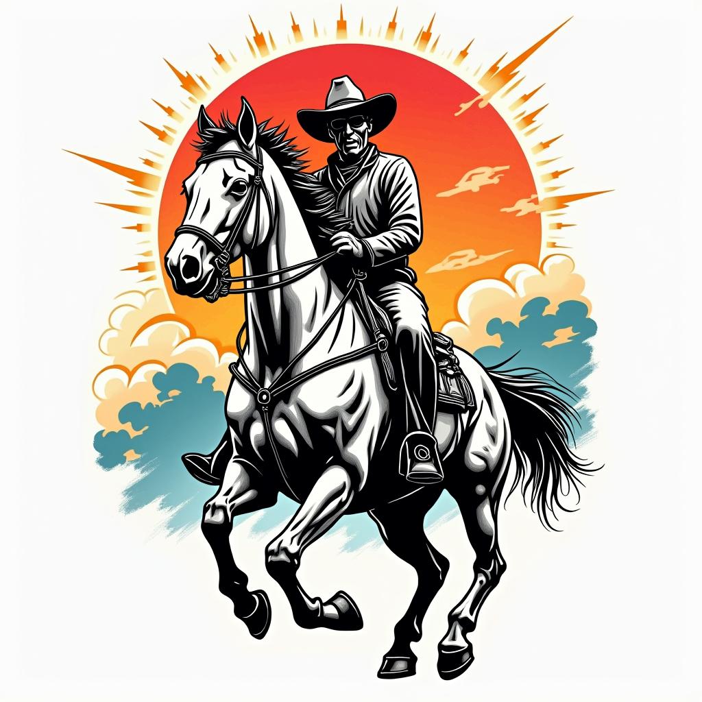 Western ridingin pop art style tattoo, featuring bold and vibrant colors, exaggerated outlines, iconic imagery, inspired by comic books and speech bubbles, comic book characters, retro pop culture - Variation 3