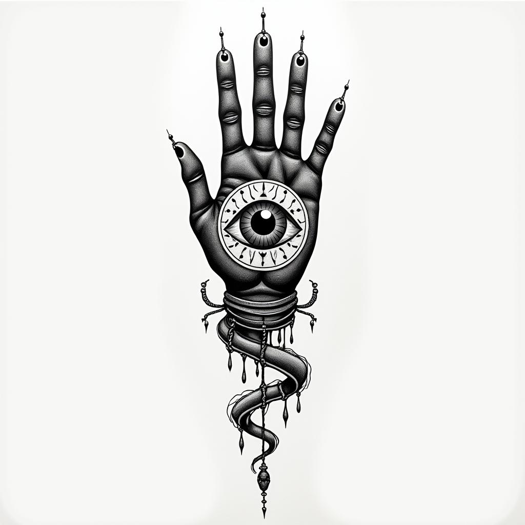 Elias cancer pro rodsin spiritual symbols tattoo style, featuring an intricate design incorporating elements, Hamsa hand, third eye, minimalist composition - Variation 2