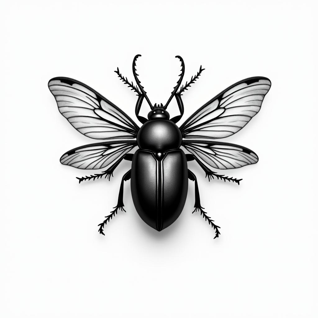 Flying beetlein realism tattoo style, featuring a highly detailed, lifelike, capturing every detail, photorealistic, ultra realistic, intricate shading, smooth and sharp,   - Variation 4