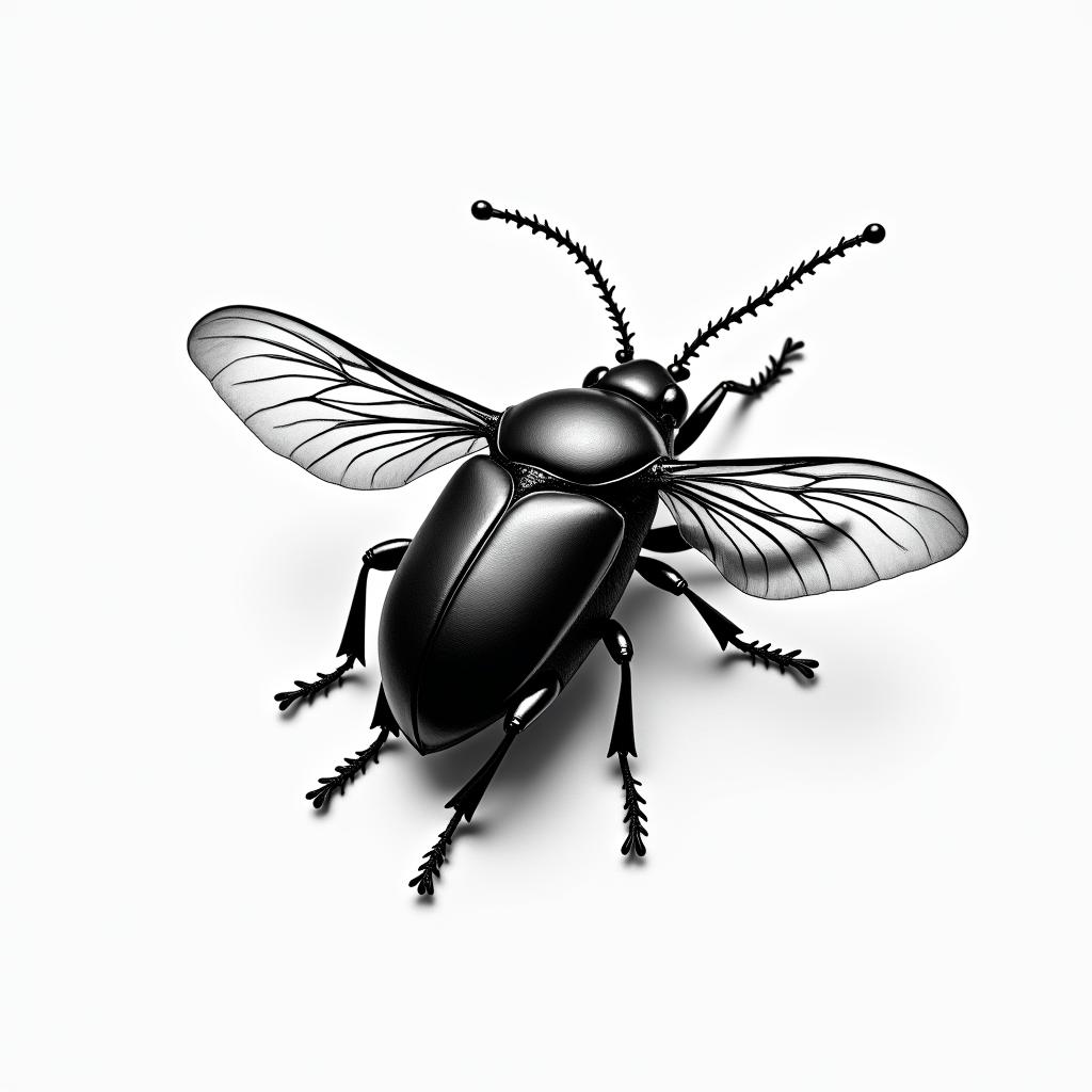 Flying beetlein realism tattoo style, featuring a highly detailed, lifelike, capturing every detail, photorealistic, ultra realistic, intricate shading, smooth and sharp,  