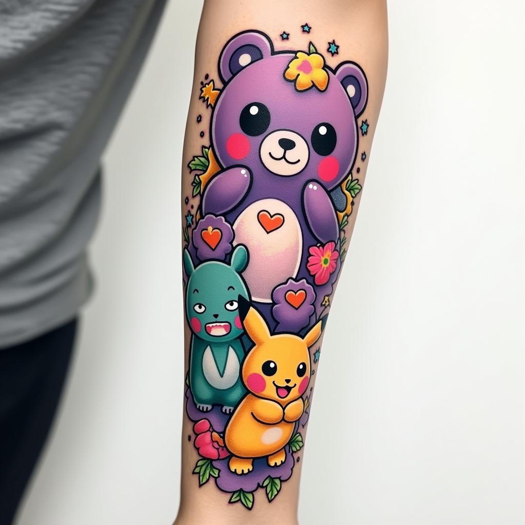 Create a tattoo sleeve using funshine, love a lot, and grumpy carebears, a gummy bear, Lisa frank, my little pony, kirlia the Pokémon, a cute pikachu, Kirby, dinosaurs, teal purple pink and yellow stars and hearts. Detailed with all itemshigly detailed tattoo
