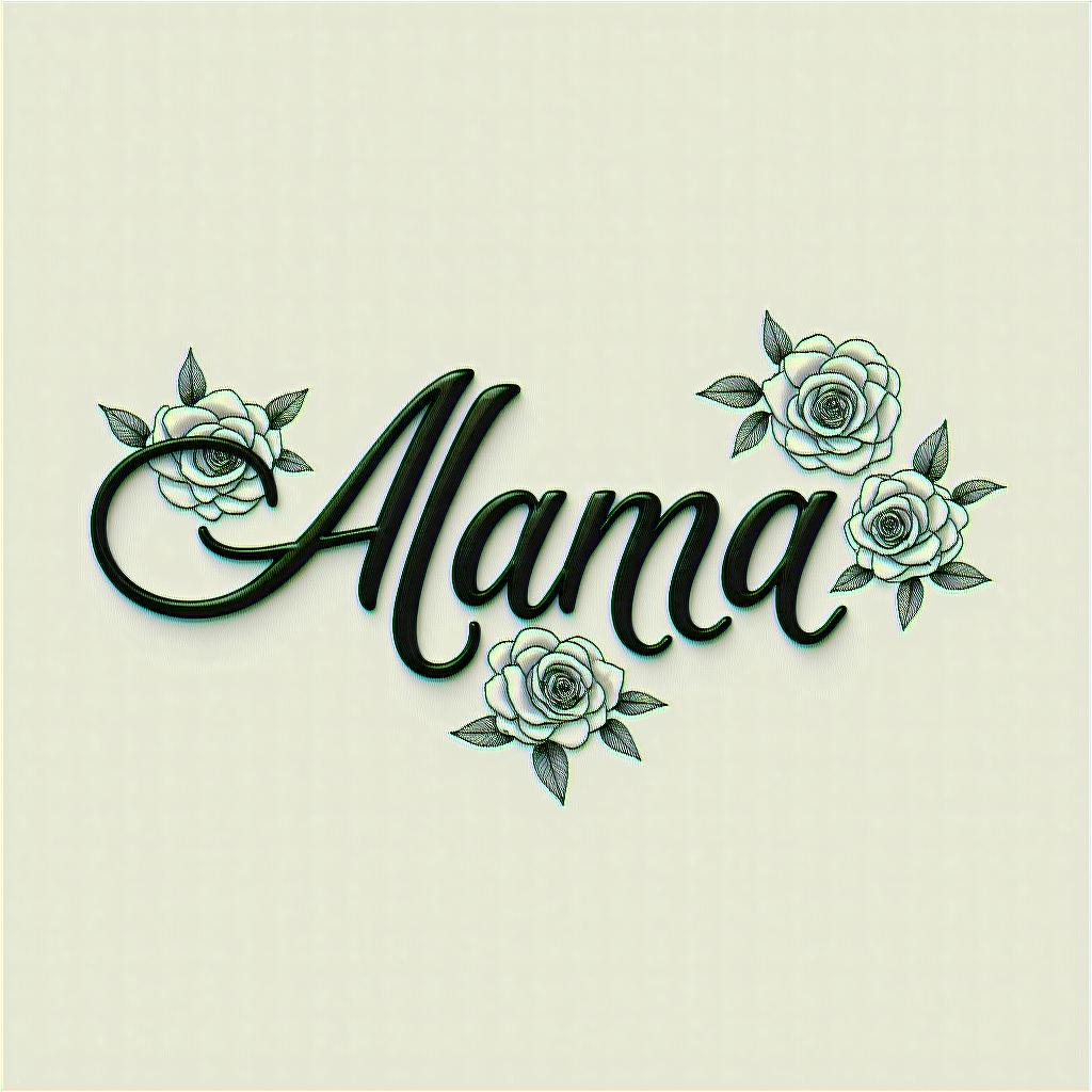 Alannain elegant cursive calligraphy style 2d tattoo, decorate with roses, featuring a smooth and flowing handwritten script with slightly thickened strokes for a luxurious and bold appearance,  heart symbol between names,  sleek and glossy black text with shadowing, minimalist matte white background, clean and sharp edges, illuminated with soft lighting, romantic, 8k, high-quality textures with refined typography - Variation 11