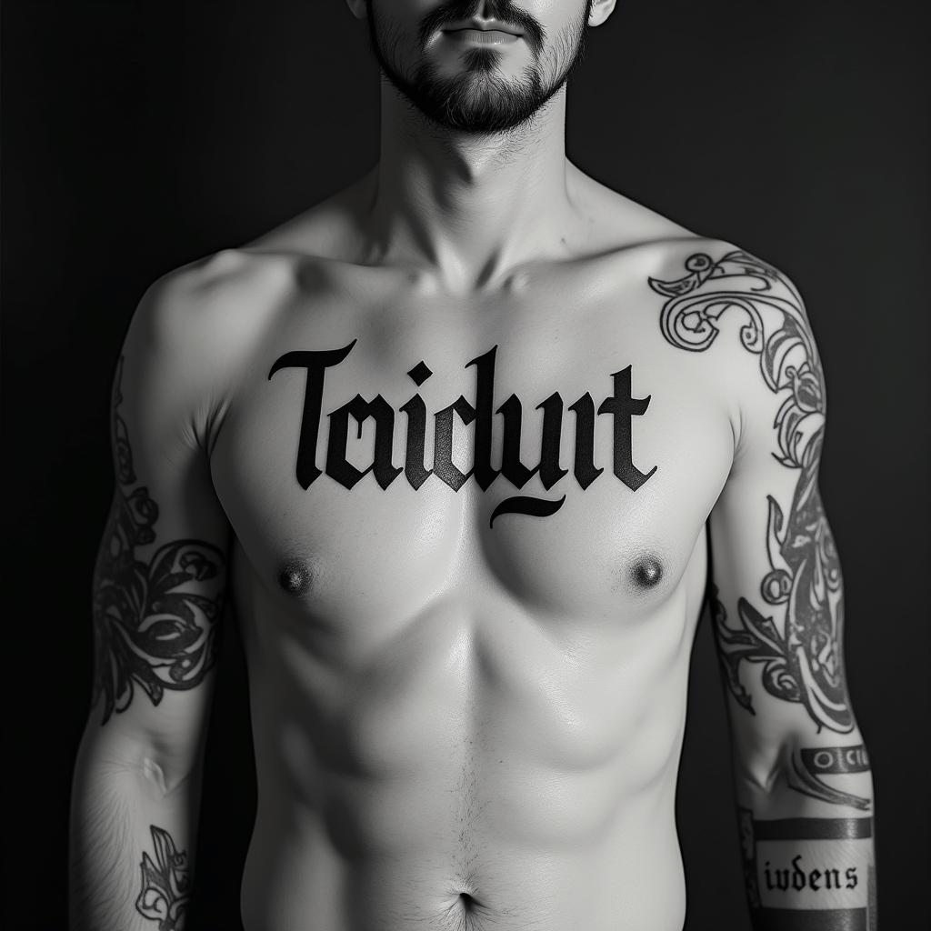 NMRtext-based tattoo, gothic font ultra-realistic, perfectly placed, high-quality font design, photo-realistic shading, 8k, high quality, finely detailed typography - Variation 4