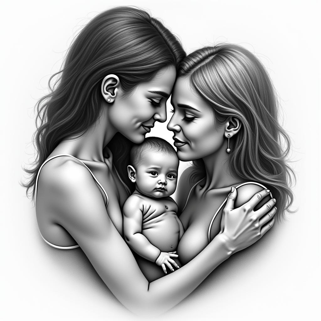 Family, love, animals, baby,in realism tattoo style, featuring a highly detailed, lifelike, capturing every detail, photorealistic, ultra realistic, intricate shading, smooth and sharp,   - Variation 2