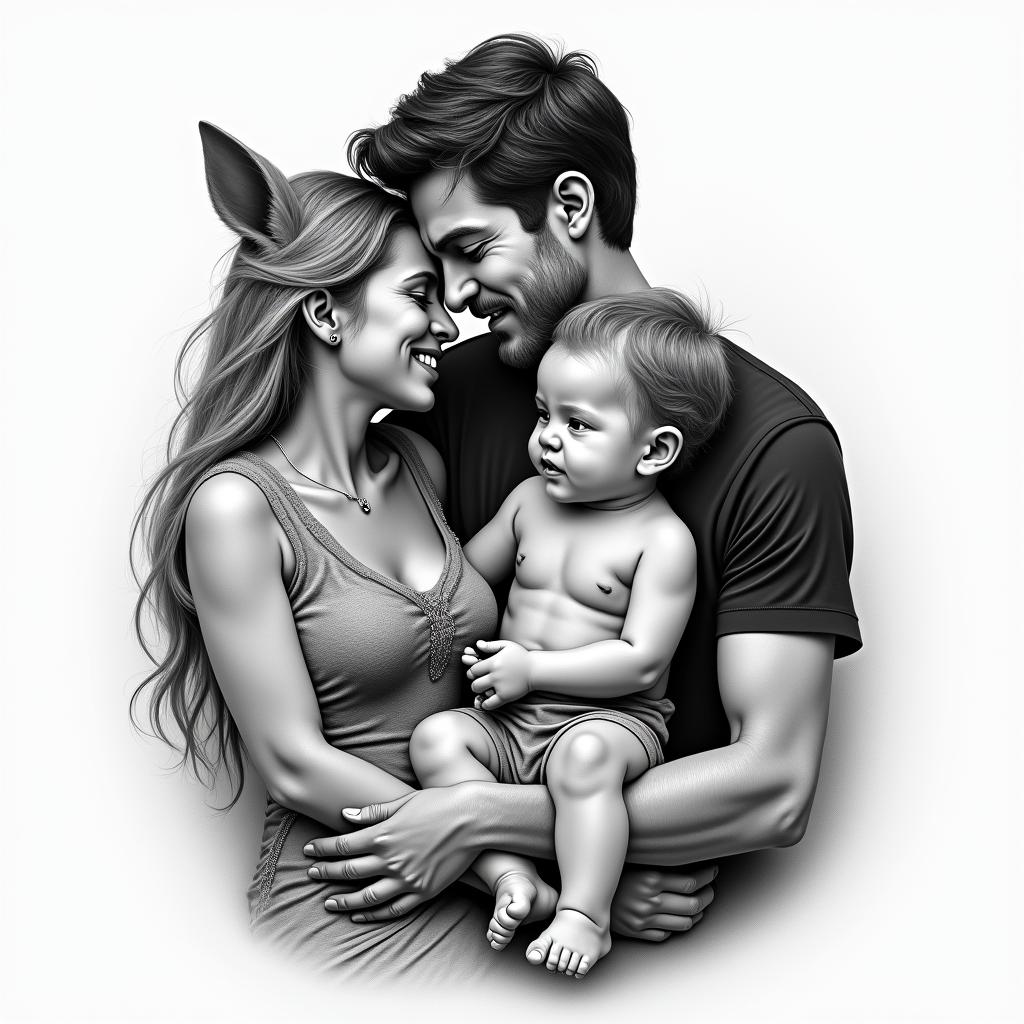 Family, love, animals, baby,in realism tattoo style, featuring a highly detailed, lifelike, capturing every detail, photorealistic, ultra realistic, intricate shading, smooth and sharp,   - Variation 3