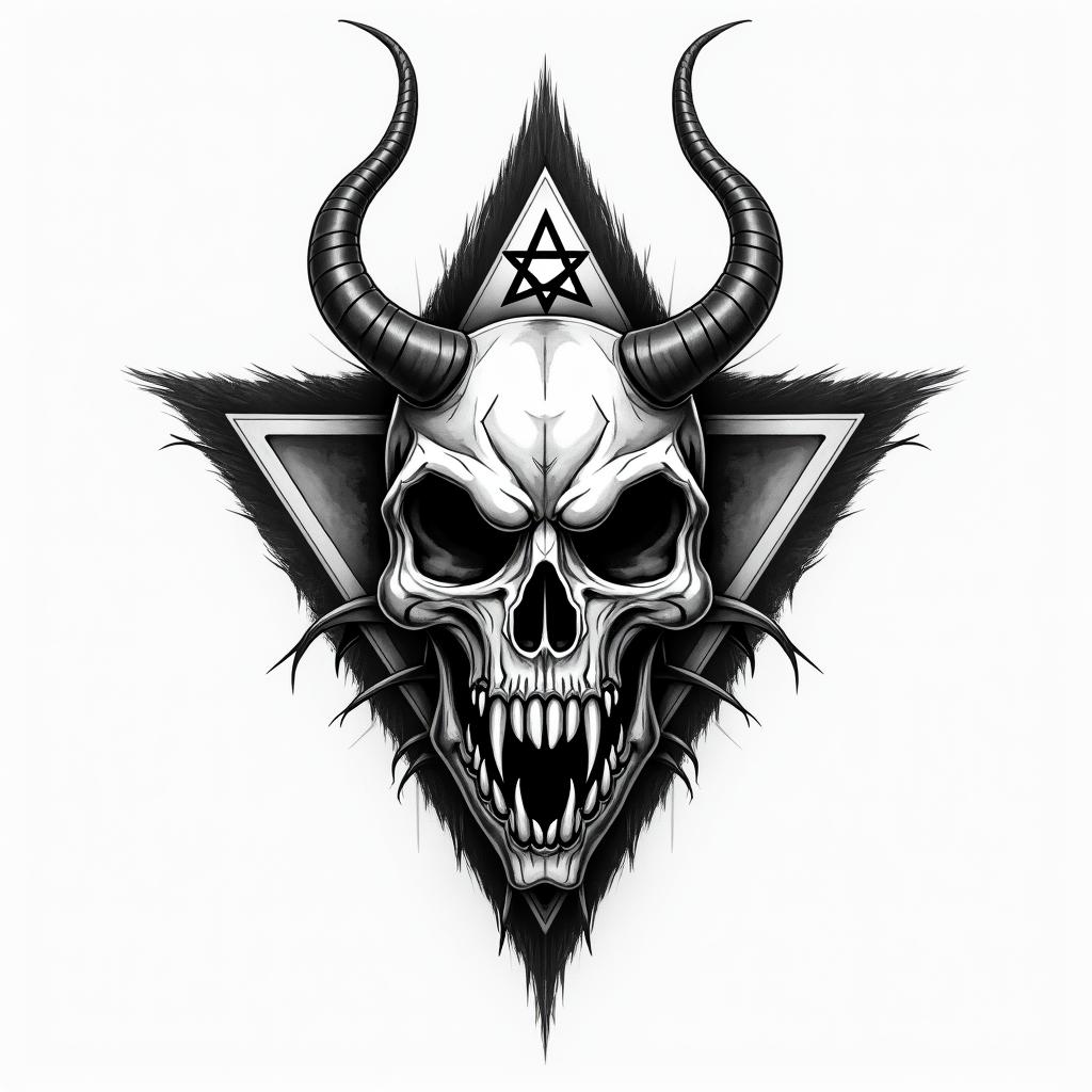 Western ridingcreepy horror tattoo style, featuring an eerie and unsettling skull of a demonic creature, distorted face with sharp fangs, add pentagram symbol